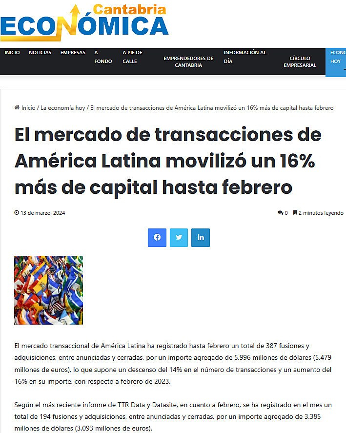 El mercado de transacciones de Amrica Latina moviliz un 16% ms de capital hasta febrero